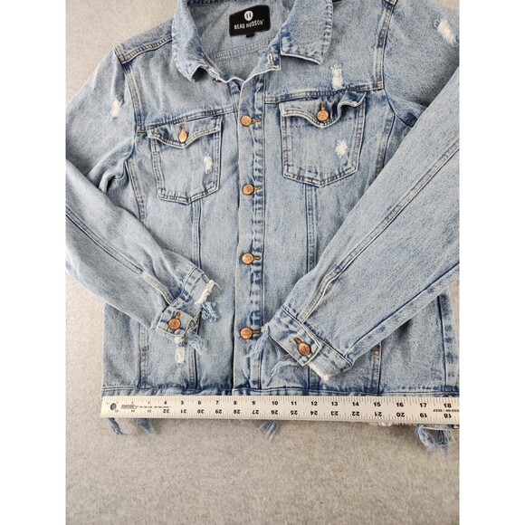 Beau‎ Hudson Men's Medium Light Blue Distressed Button Up Denim Jean Jacket Coat - Picture 8 of 14